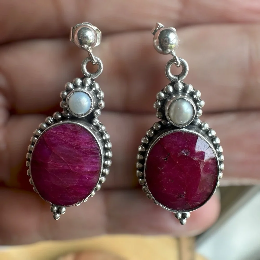 Vintage Artisan Stud Dangle Earrings 1.3 Inch Ruby Pearl 925 Sterling 10.4g‎